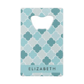 Blauw Marokkaans Trellis, Quatrefoil, Jouw naam Creditkaart Flessenopener (Achterkant)