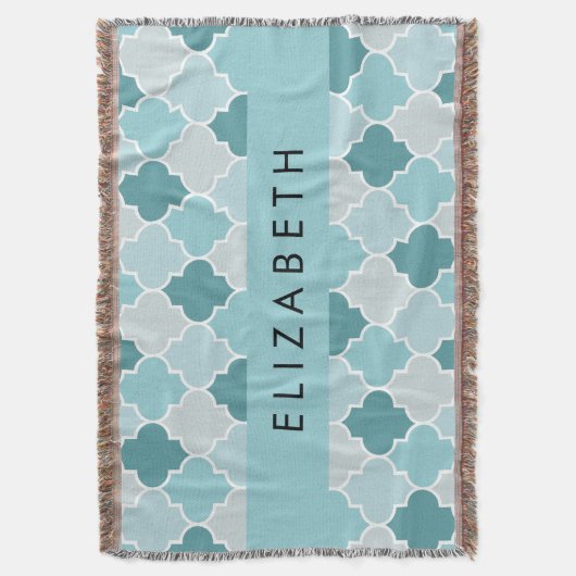 Blauw Marokkaans Trellis, Quatrefoil, Jouw naam Deken (Voorkant Verticaal)