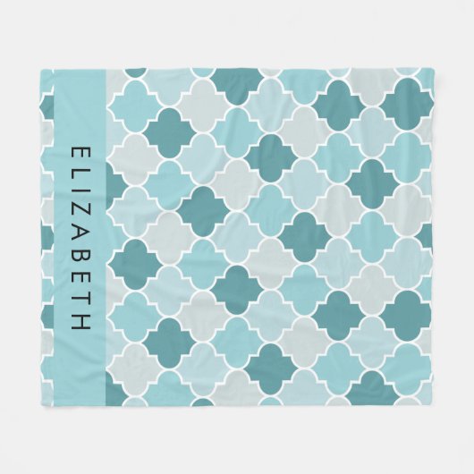 Blauw Marokkaans Trellis, Quatrefoil, Jouw naam Fleece Deken (Voorkant (Horizontaal))