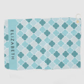 Blauw Marokkaans Trellis, Quatrefoil, Jouw naam Golfhanddoek (Horizontaal)