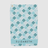 Blauw Marokkaans Trellis, Quatrefoil, Jouw naam Golfhanddoek (Voorkant)