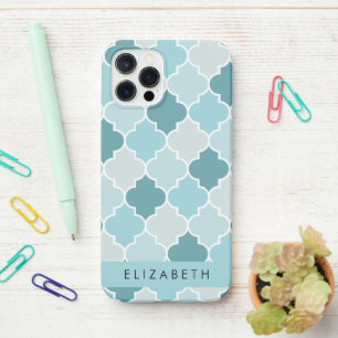 Blauw Marokkaans Trellis, Quatrefoil, Jouw naam iPhone 12 Pro Hoesje