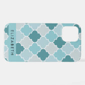 Blauw Marokkaans Trellis, Quatrefoil, Jouw naam iPhone Hoesje (Achterkant horizontaal)