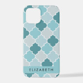Blauw Marokkaans Trellis, Quatrefoil, Jouw naam iPhone Hoesje (Achterkant)