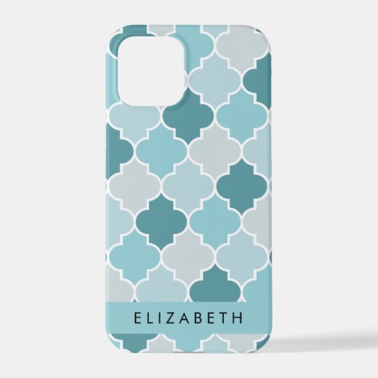 Blauw Marokkaans Trellis, Quatrefoil, Jouw naam iPhone Hoesje (Achterkant)