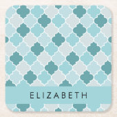 Blauw Marokkaans Trellis, Quatrefoil, Jouw naam Kartonnen Onderzetters (Voorkant)