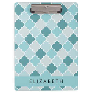 Blauw Marokkaans Trellis, Quatrefoil, Jouw naam Klembord