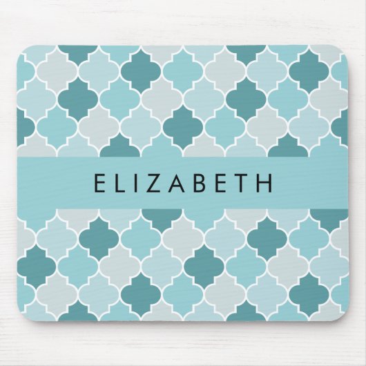 Blauw Marokkaans Trellis, Quatrefoil, Jouw naam Muismat (Voorkant)