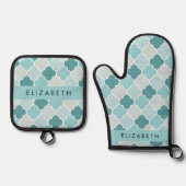 Blauw Marokkaans Trellis, Quatrefoil, Jouw naam Ovenwant & Pannenlap Set (Voorkant)