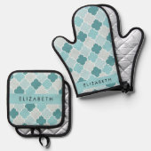 Blauw Marokkaans Trellis, Quatrefoil, Jouw naam Ovenwant & Pannenlap Set (Voorkant / Achterkant)