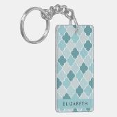 Blauw Marokkaans Trellis, Quatrefoil, Jouw naam Sleutelhanger (Voorkant Links)