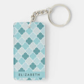 Blauw Marokkaans Trellis, Quatrefoil, Jouw naam Sleutelhanger (achterkant)