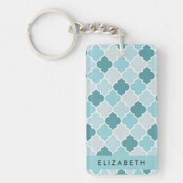 Blauw Marokkaans Trellis, Quatrefoil, Jouw naam Sleutelhanger