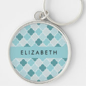 Blauw Marokkaans Trellis, Quatrefoil, Jouw naam Sleutelhanger (Voorkant)