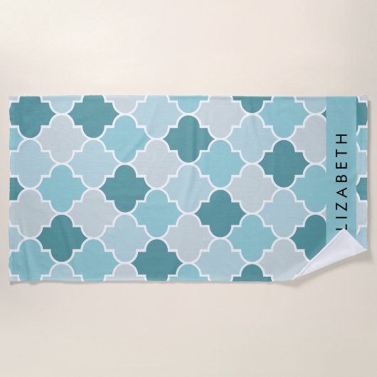 Blauw Marokkaans Trellis, Quatrefoil, Jouw naam Strandlaken (Voorkant)