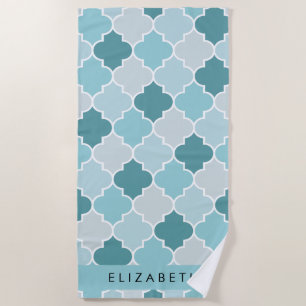 Blauw Marokkaans Trellis, Quatrefoil, Jouw naam Strandlaken