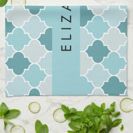 Blauw Marokkaans Trellis, Quatrefoil, Jouw naam Theedoek