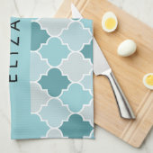 Blauw Marokkaans Trellis, Quatrefoil, Jouw naam Theedoek (Quarter Fold)