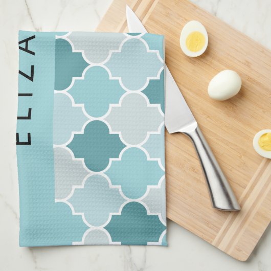 Blauw Marokkaans Trellis, Quatrefoil, Jouw naam Theedoek (Quarter Fold)