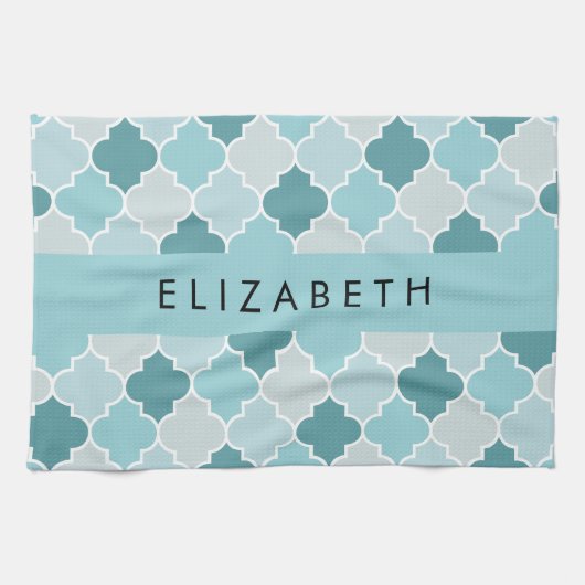 Blauw Marokkaans Trellis, Quatrefoil, Jouw naam Theedoek (Horizontaal)