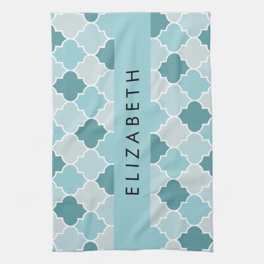 Blauw Marokkaans Trellis, Quatrefoil, Jouw naam Theedoek (Verticaal)