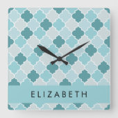 Blauw Marokkaans Trellis, Quatrefoil, Jouw naam Vierkante Klok (Voorkant)
