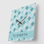 Blauw Marokkaans Trellis, Quatrefoil, Jouw naam Vierkante Klok (Hoek)