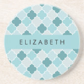 Blauw Marokkaans Trellis, Quatrefoil, Jouw naam Zandsteen Onderzetter (Voorkant)