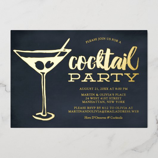 Blauw Martini Glas Cocktailparty met Swings  Folie Uitnodiging (Voorkant)