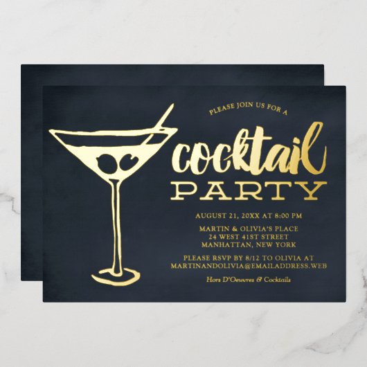 Blauw Martini Glas Cocktailparty met Swings  Folie Uitnodiging (Voorkant / Achterkant)