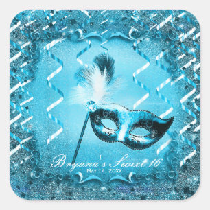 Blauw Maskerade Masker Elegante Ball Party Vierkante Sticker