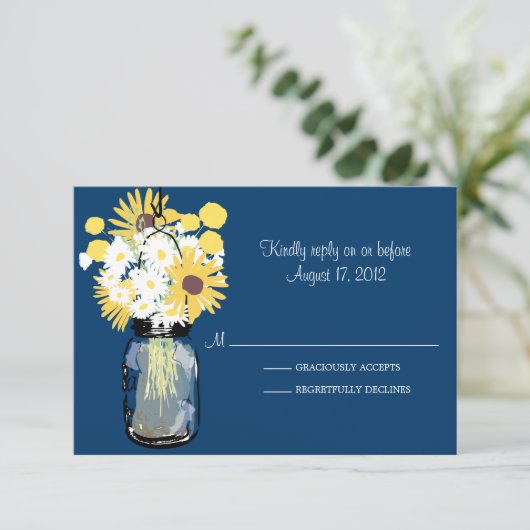 Blauw Mason Jar Daisies Zonnebloemen Billy Balls R RSVP Kaartje (Staand voorkant)