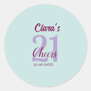 blauw mauve proost 21ste verjaardag voeg naam datu ronde sticker