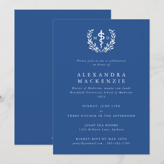 Blauw MD Asclepius + Laurierkrans Afstuderen Kaart (Voorkant / Achterkant)