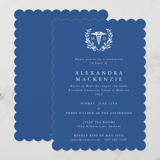 Blauw MD Caduceus+Laurierkrans Afstuderen Kaart (Voorkant / Achterkant)