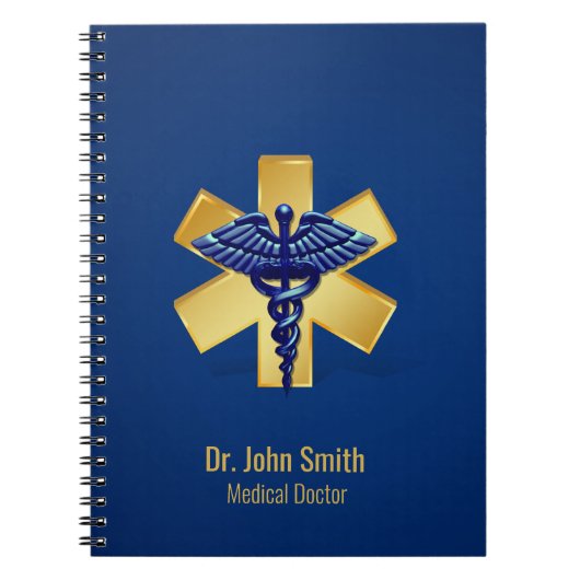 Blauw Medisch 3D Caduceus Gouden Kruis Notitieboek (Voorkant)