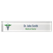 Blauw Medisch Caduceus Groen Stijlvolle Vleugels K Naambordje (Voorkant)