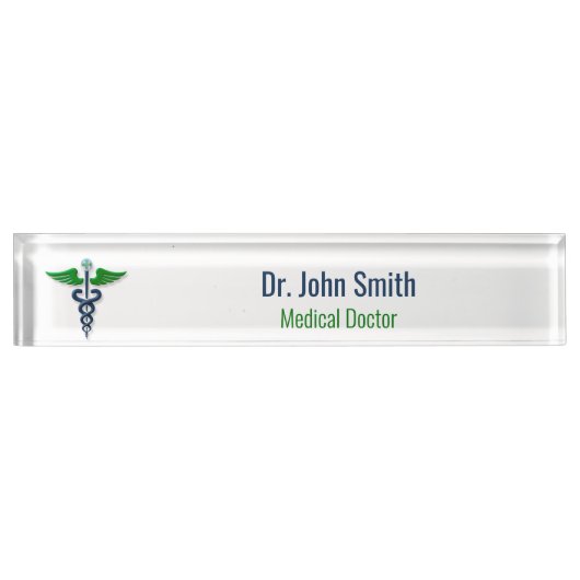 Blauw Medisch Caduceus Groen Stijlvolle Vleugels K Naambordje (Voorkant)