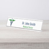 Blauw Medisch Caduceus Groene Vleugels Kruis Stijl Bureau Naambordje (Voorkant)