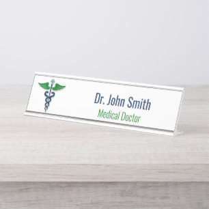 Blauw Medisch Caduceus Groene Vleugels Kruis Stijl Bureau Naambordje