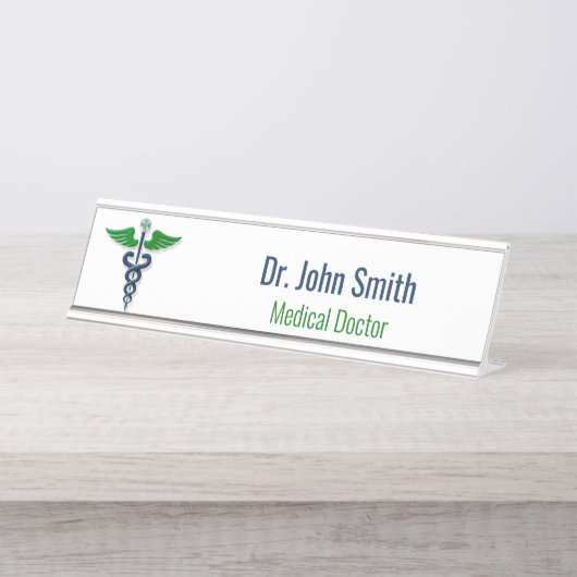 Blauw Medisch Caduceus Groene Vleugels Kruis Stijl Bureau Naambordje (Voorkant)