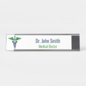 Blauw Medisch Caduceus Groene Vleugels Kruis Stijl Bureau Naambordje (Voorkant)