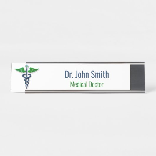 Blauw Medisch Caduceus Groene Vleugels Kruis Stijl Bureau Naambordje (Voorkant)