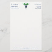 Blauw Medisch Caduceus Stijlvol Groen Vleugels Kru Briefpapier (Voorkant)