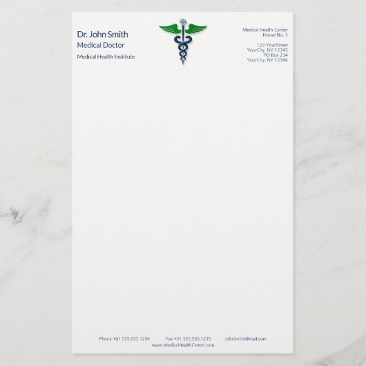Blauw Medisch Caduceus Stijlvol Groen Vleugels Kru Briefpapier (Voorkant)