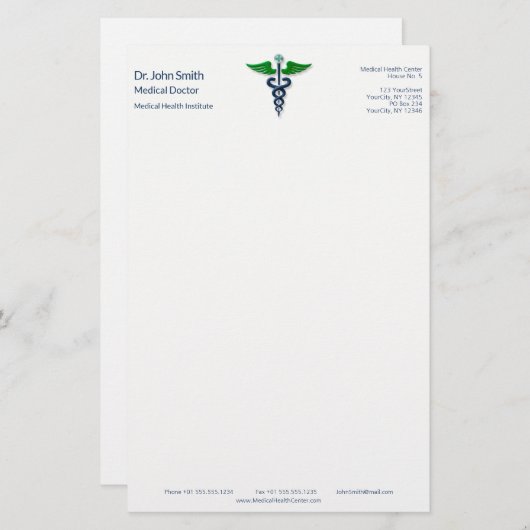 Blauw Medisch Caduceus Stijlvol Groen Vleugels Kru Briefpapier (Voorkant / Achterkant)
