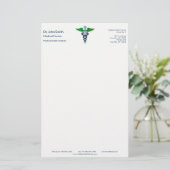 Blauw Medisch Caduceus Stijlvol Groen Vleugels Kru Briefpapier (Staand voorkant)