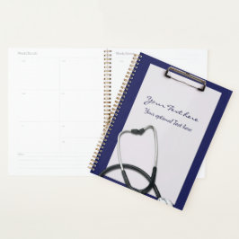 Blauw medisch klembord met stethoscoop planner