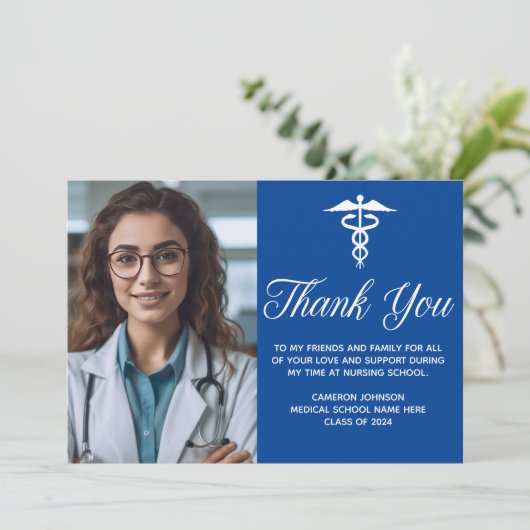 Blauw Medisch School Afstuderen Foto Aangepast Bedankkaart (Staand voorkant)