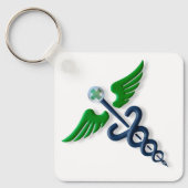 Blauw Medisch Stijlvol Caduceus Groene Vleugels Kr Sleutelhanger (Voorkant)